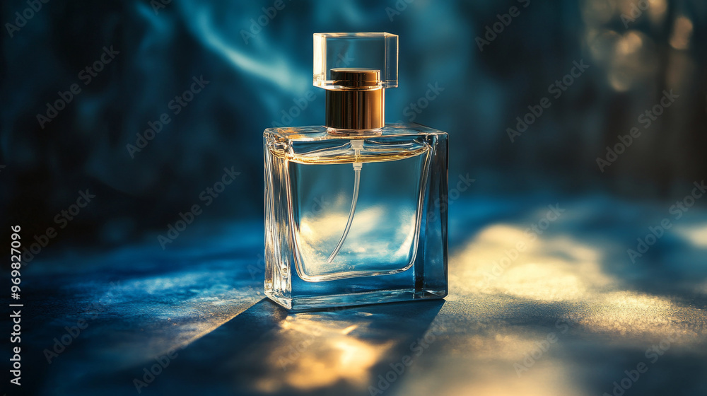 Perfume bottle. Blank labeled. Blue and gold tones. Elegant luxury scent bottle. Eau de toilette, fragrance, fashion, lifestyle. Room for copy space. Perfume bottle. Blank labeled. Blue and gold tones. Elegant luxury scent bottle. Eau de toilette, fragrance, fashion, lifestyle. Room for copy space.