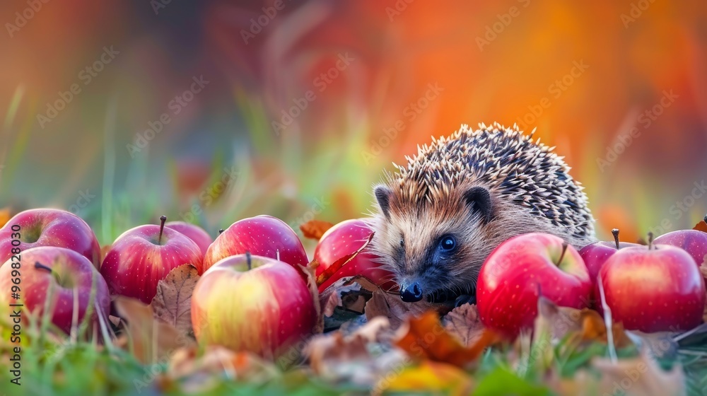 Obraz premium Hedgehog erinaceus europaeus foraging in grass among fallen apples in autumn wildlife garden