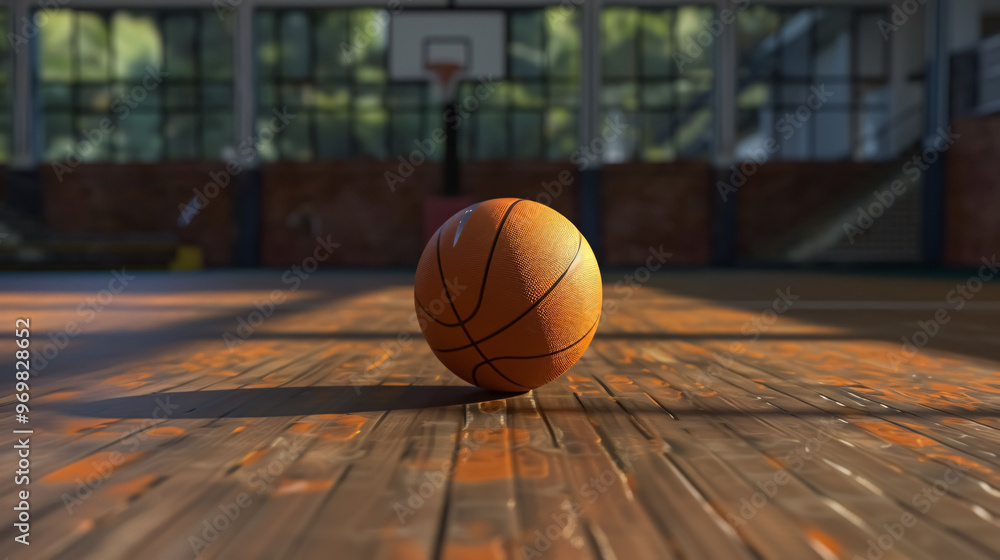 An official orange basketball on a hardwood court. An official orange basketball on a hardwood court.