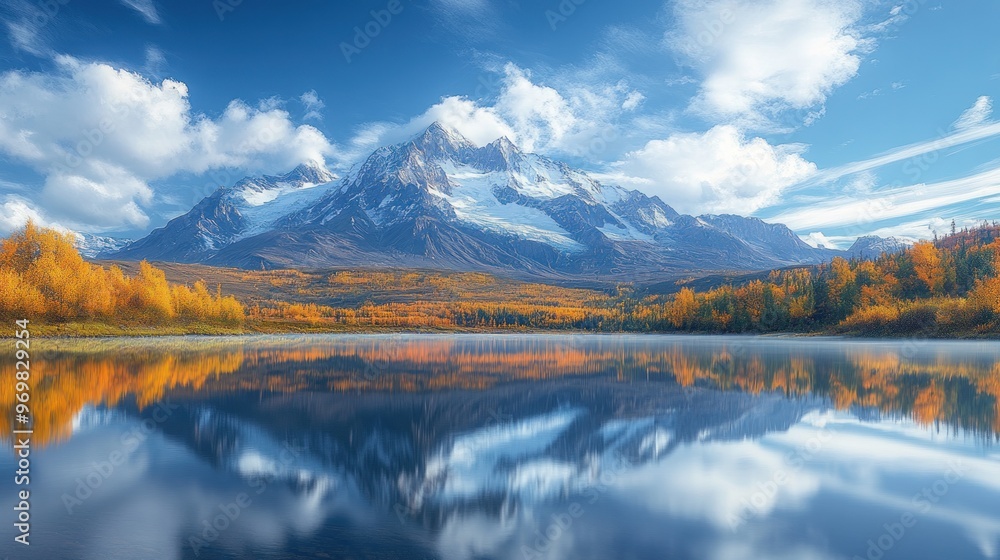 Obraz premium Mountain Range Reflected in Still Water With Autumn Foliage