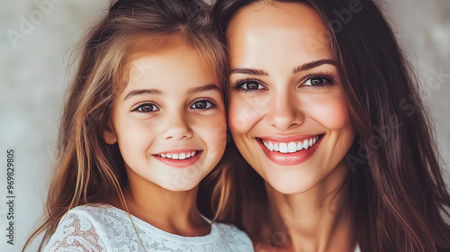 Close-up portrait of a happy mother and daughter smiling together. Captures their joyful bond and natural beauty. Perfect for family, lifestyle, or health themes