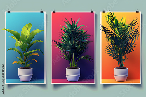 Houseplants and cactus stand individually on colorful shelves (3d rendering) photo