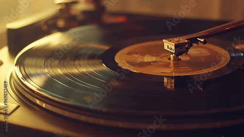 Close-up of a turntable playing a vinyl record with a needle on the 'Baby' song.