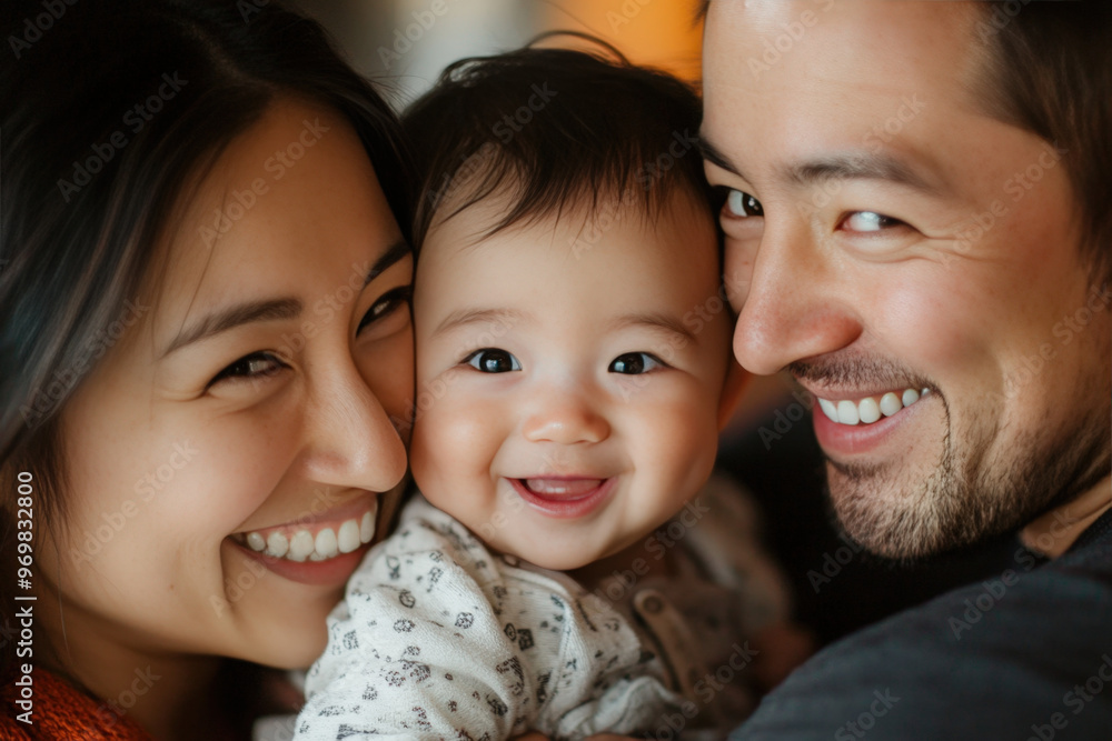 Happy family is spending time together, smiling and embracing their baby Happy family is spending time together, smiling and embracing their baby
