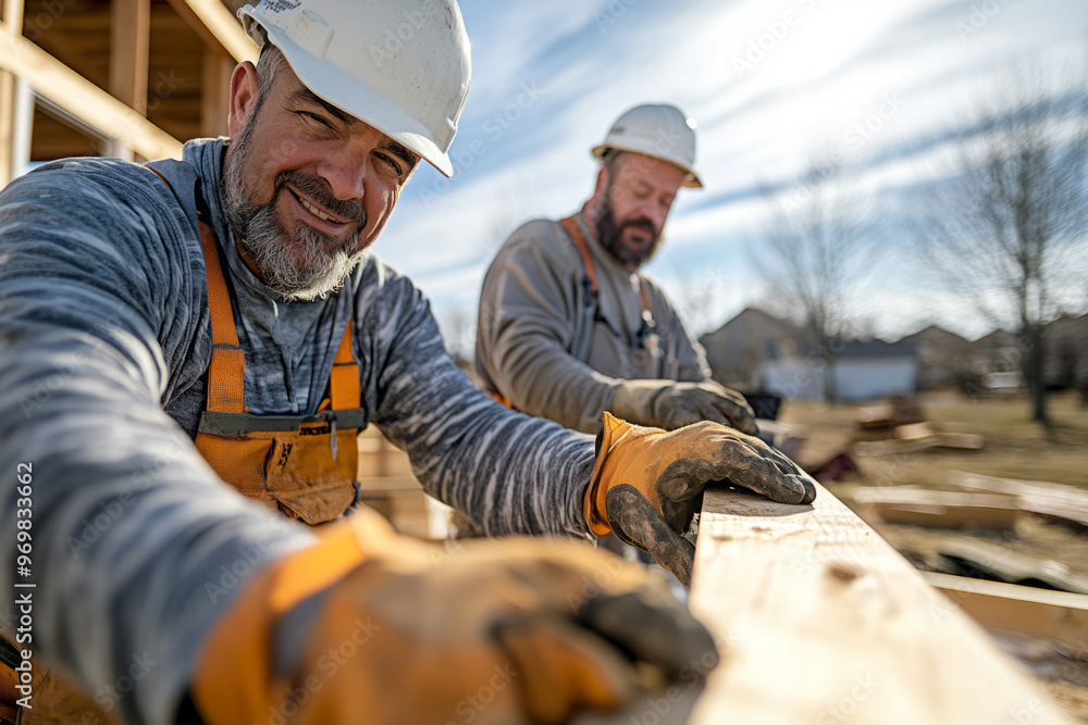 Two construction workers working on a wooden structure outdoors Two construction workers working on a wooden structure outdoors
