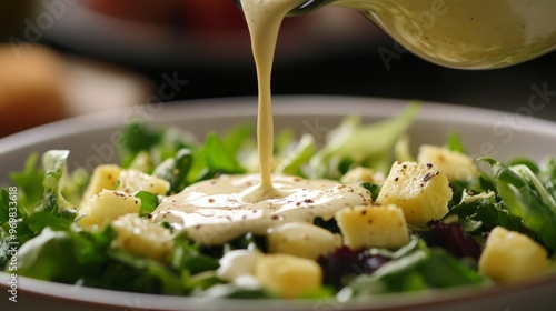 A bowl of salad with a creamy dressing poured over it