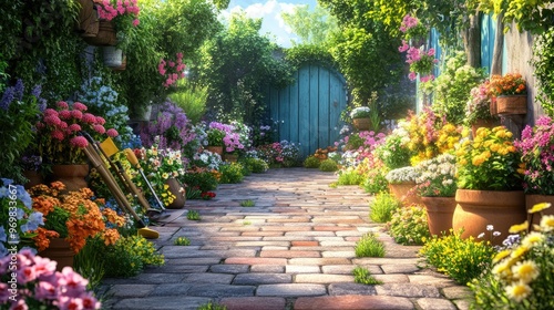 Stone pathway leading through a flower garden.