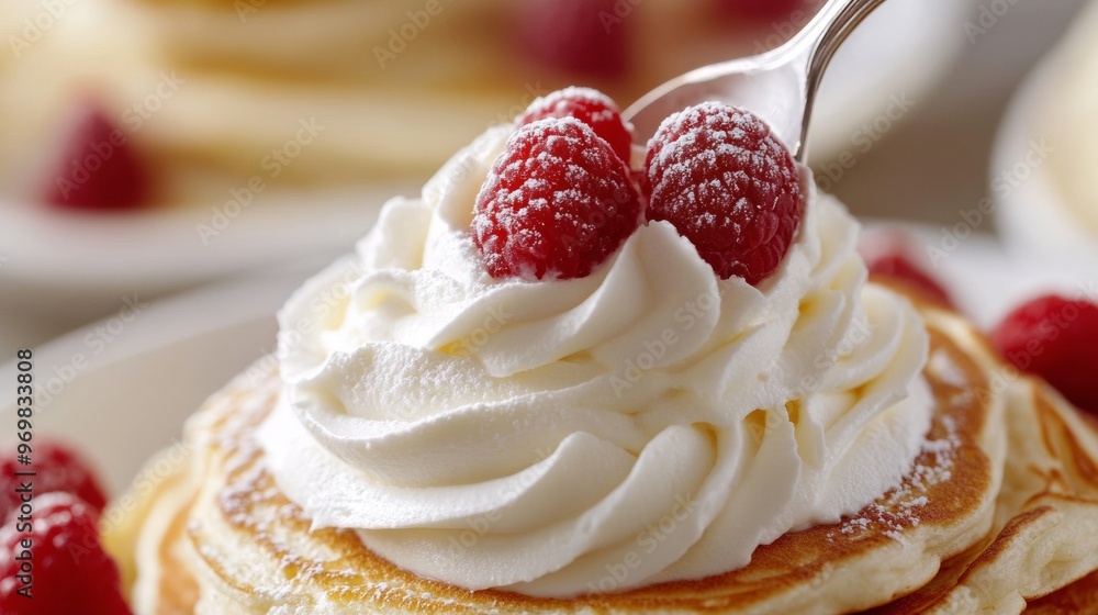 A plate of pancakes with whipped cream and raspberries on top A plate of pancakes with whipped cream and raspberries on top