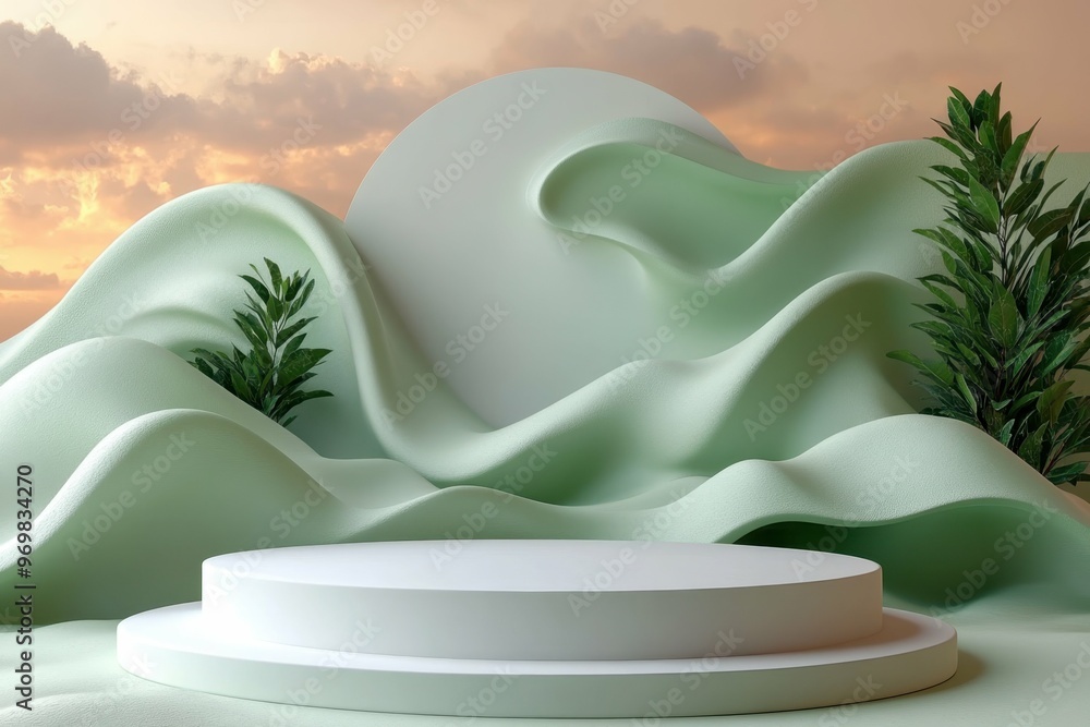 Abstract wave shapes in a fluid motion in 3D rendered minimalist style with empty circle podium. Abstract wave shapes in a fluid motion in 3D rendered minimalist style with empty circle podium.