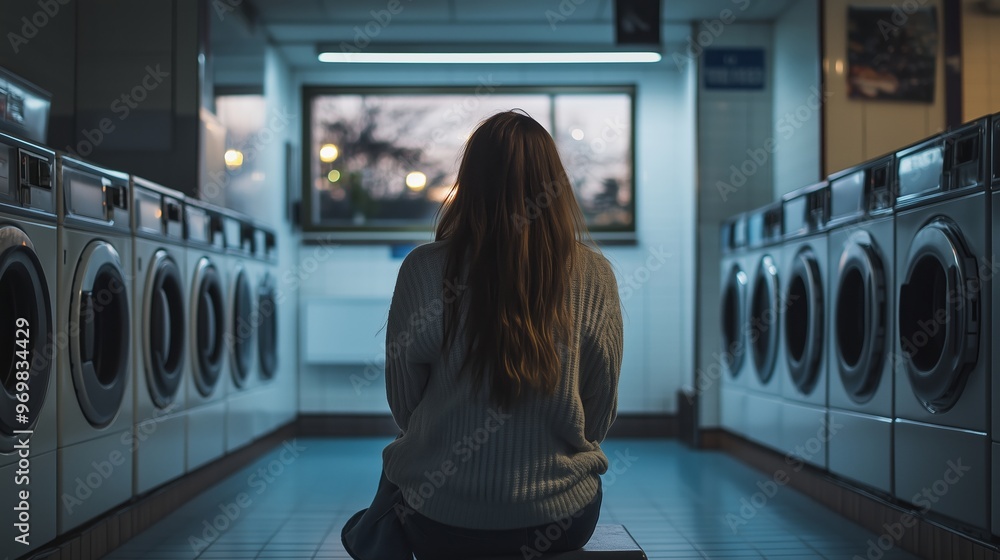 A woman sitting quietly near washing machines in a dimly lit laundromat during the evening hours A woman sitting quietly near washing machines in a dimly lit laundromat during the evening hours