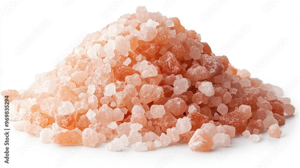 A Close-Up View of Himalayan Pink Salt Crystals Piled up on a White Background A Close-Up View of Himalayan Pink Salt Crystals Piled up on a White Background
