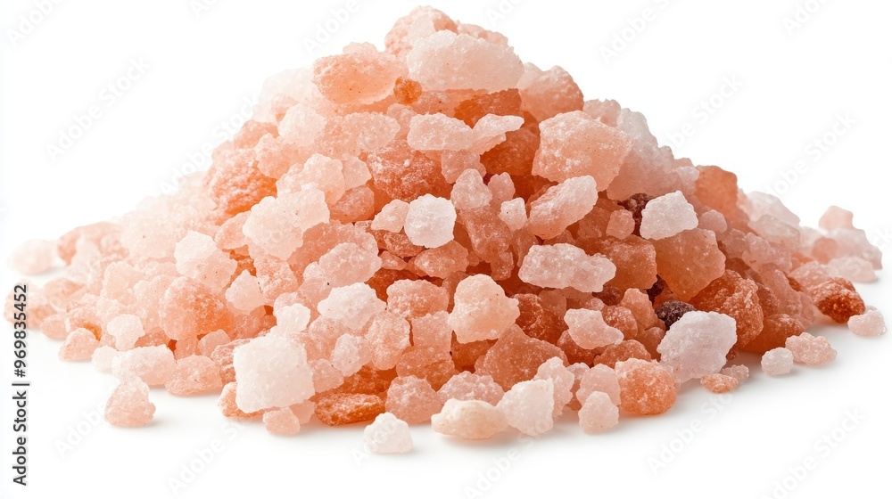 A Close-Up View of Himalayan Pink Salt Crystals Piled up on a White Background A Close-Up View of Himalayan Pink Salt Crystals Piled up on a White Background