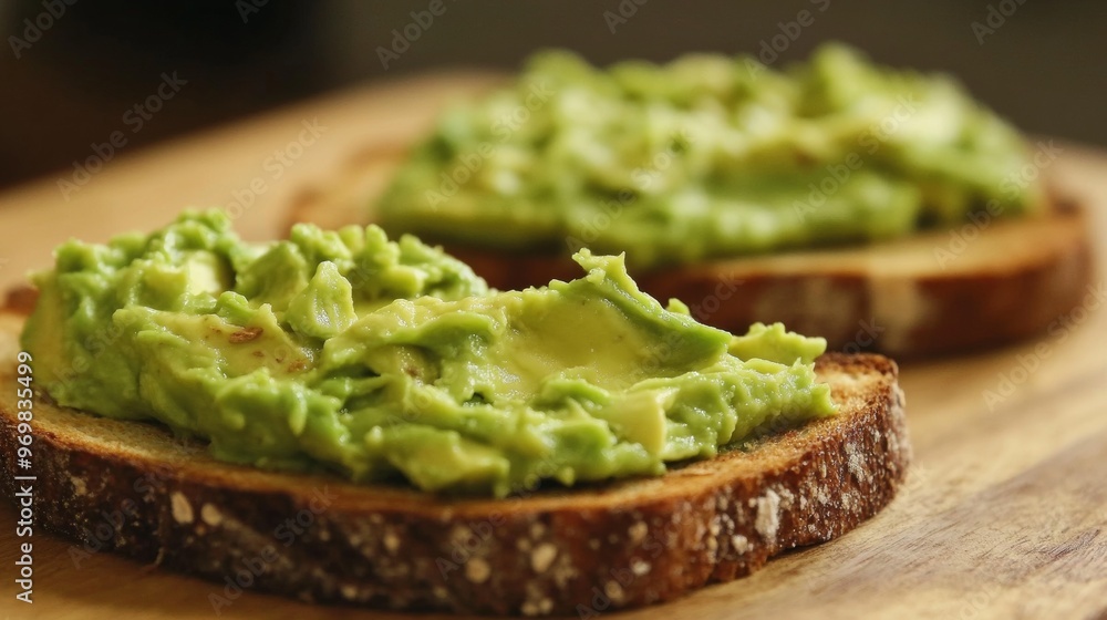 Two slices of bread with guacamole on top Two slices of bread with guacamole on top