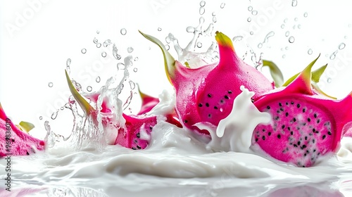 A close-up of dragon fruit splashing into a bowl of milk creating a beautiful spray and a creamy white background.