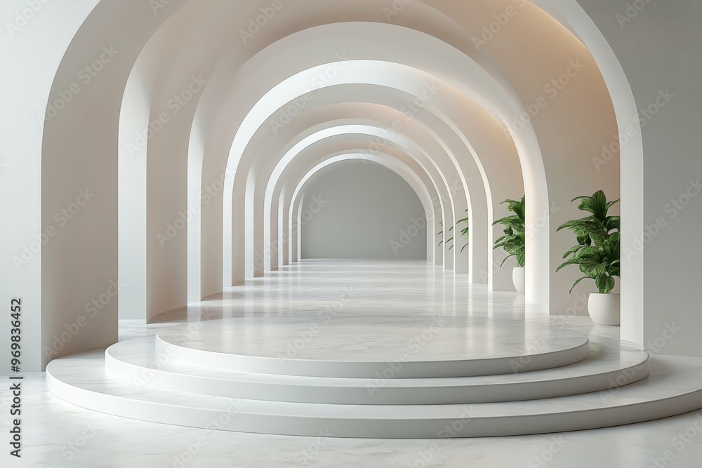 Futuristic hallway with smooth curved walls in 3D rendered minimalist style with empty circle podium. Futuristic hallway with smooth curved walls in 3D rendered minimalist style with empty circle podium.