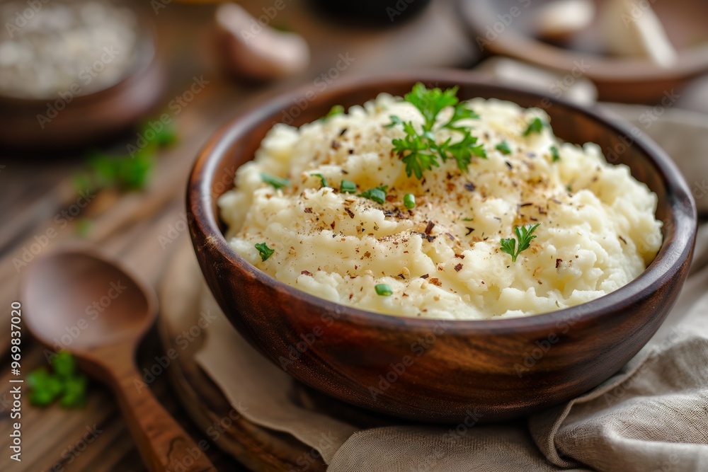 Delicious creamy mashed potatoes served in a rustic wooden bowl with herbs and spices in a cozy kitchen setting Delicious creamy mashed potatoes served in a rustic wooden bowl with herbs and spices in a cozy kitchen setting