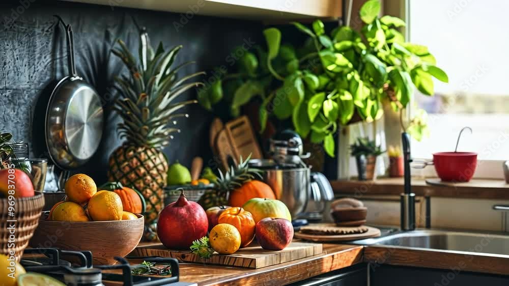 A bright kitchen scene filled with fresh fruits, plants, and vibrant decor, showcasing a cozy and inviting cooking atmosphere A bright kitchen scene filled with fresh fruits, plants, and vibrant decor, showcasing a cozy and inviting cooking atmosphere