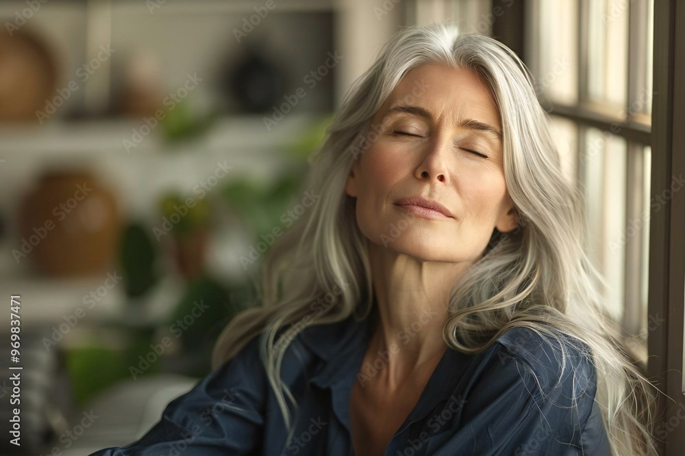 middle-aged woman practicing mindfulness and meditation in her serene living room for a calming and peaceful wellness photoshoot. middle-aged woman practicing mindfulness and meditation in her serene living room for a calming and peaceful wellness photoshoot.