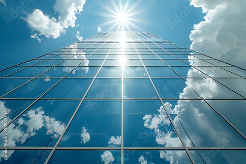 Idea: A photography shoot showcasing a glass high-rise building reflecting the sky and sunlight, featuring a modern and environmentally-friendly office space with an urban oasis vibe.