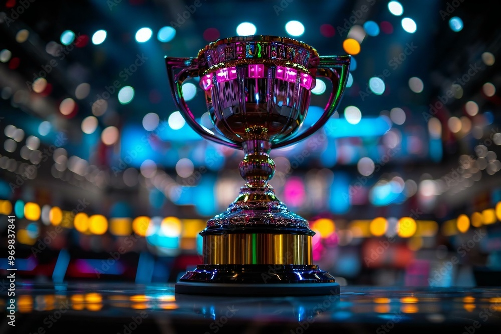 photo of a Victorious Esports Trophy on a stage set for a gaming championship, featuring neon lights and stylish design elements. photo of a Victorious Esports Trophy on a stage set for a gaming championship, featuring neon lights and stylish design elements.