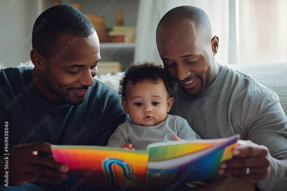 Two fathers are enjoying time with their baby son, reading him a book in their living room Two fathers are enjoying time with their baby son, reading him a book in their living room