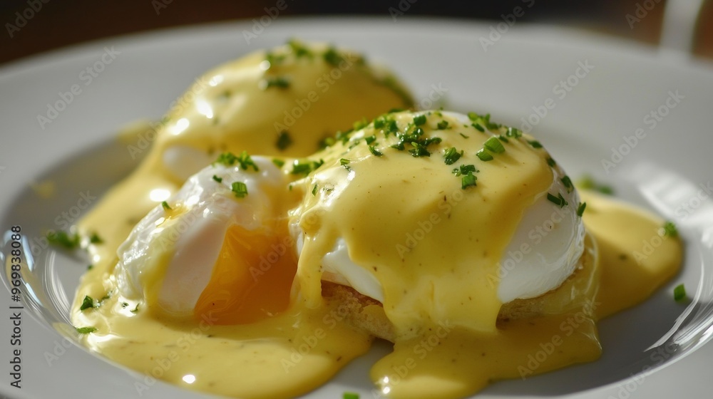A plate of eggs with a yellow sauce on top A plate of eggs with a yellow sauce on top