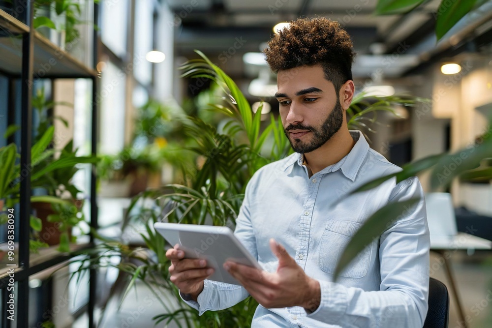 young Latin businessman in a sleek office using a digital tablet to work on his successful startup business. young Latin businessman in a sleek office using a digital tablet to work on his successful startup business.