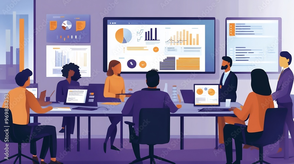 Business people gathered in a meeting room analyzing data on a screen. Business people gathered in a meeting room analyzing data on a screen.