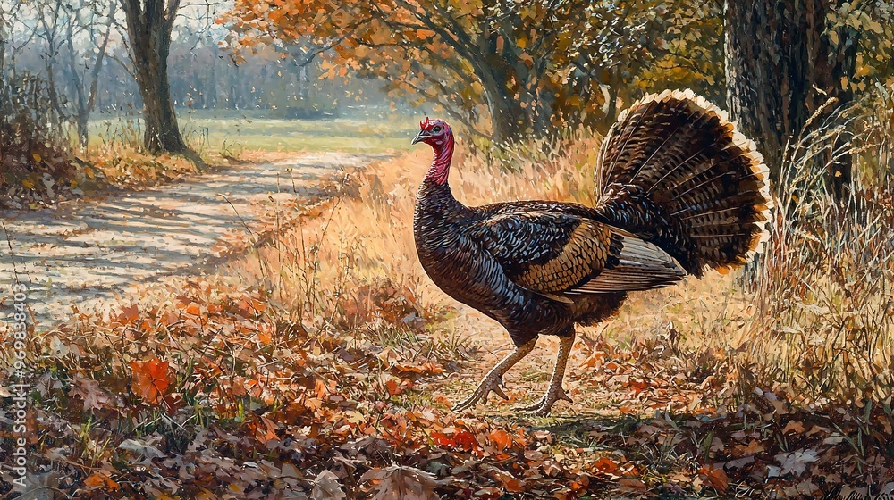 A turkey strolls through a rustling leaf trail amidst towering trees and verdant foliage A turkey strolls through a rustling leaf trail amidst towering trees and verdant foliage