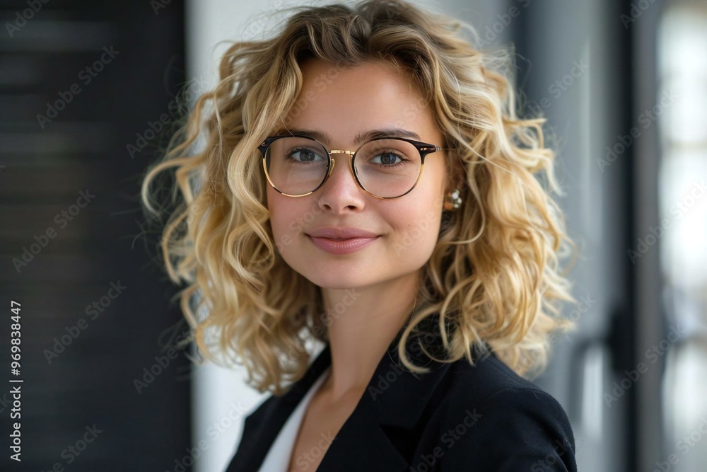 close-up portrait of a stylish young business woman with blonde curly hair and glasses smiling confidently. close-up portrait of a stylish young business woman with blonde curly hair and glasses smiling confidently.