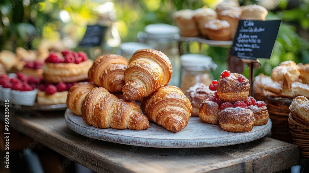 a cute caf table with croissants and pastries, featuring an english breakfast theme inviting and charming a cute caf table with croissants and pastries, featuring an english breakfast theme inviting and charming