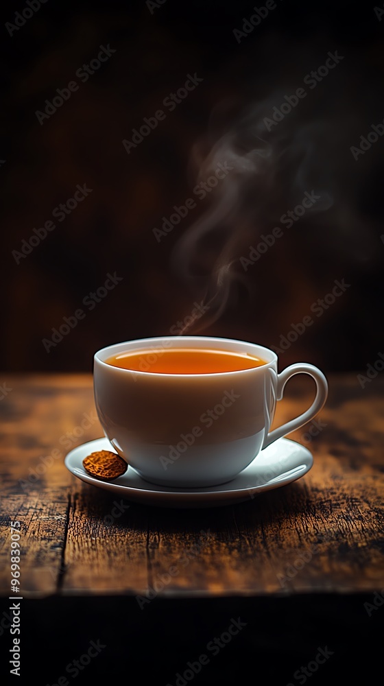 A warm cup of tea on a wooden table, with steam rising, creating a cozy feeling A warm cup of tea on a wooden table, with steam rising, creating a cozy feeling
