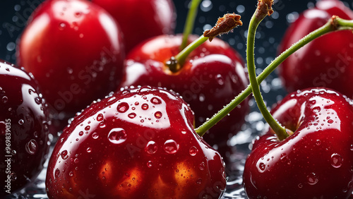 Fresh cherry with Water Drops Wallpaper	