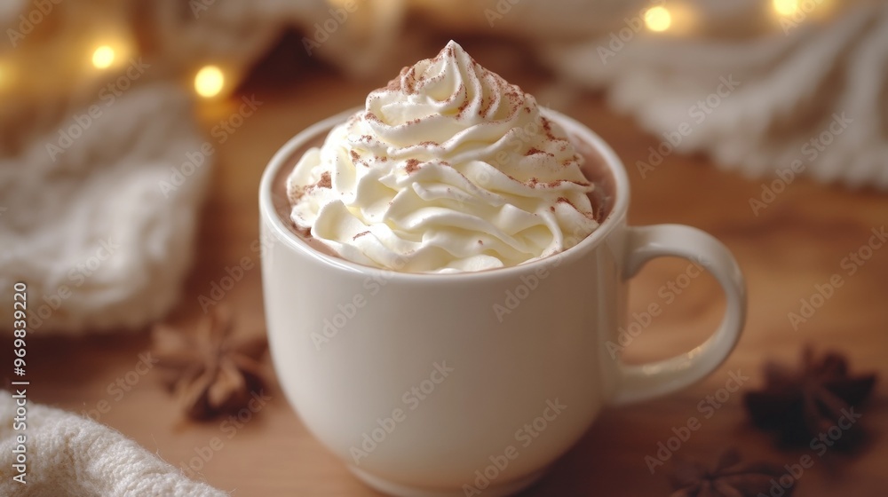 A white mug with whipped cream on top of it A white mug with whipped cream on top of it
