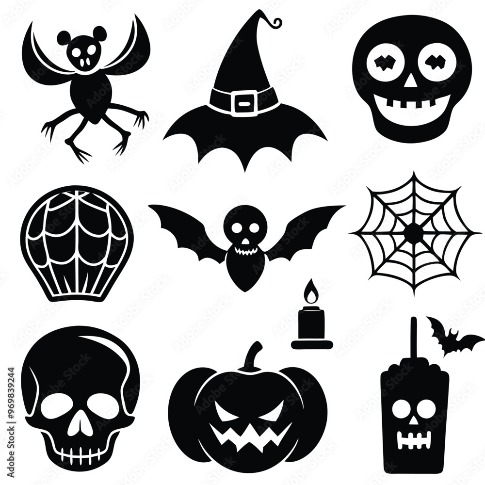 Obraz premium Gothic halloween sticker pack made up of pumpkins, bats, cats, crow, skull, ghosts, graves, spider, web and broom. Different holiday stickers as prints, patterns for graphic or fashion design