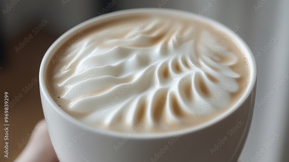A white coffee cup with a swirl of foam on top A white coffee cup with a swirl of foam on top