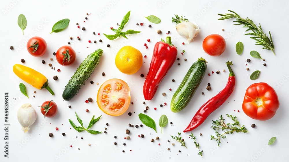 Tomatoes, cucumbers, peppers, and other vegetables arranged on a white surface with sprinkles Tomatoes, cucumbers, peppers, and other vegetables arranged on a white surface with sprinkles