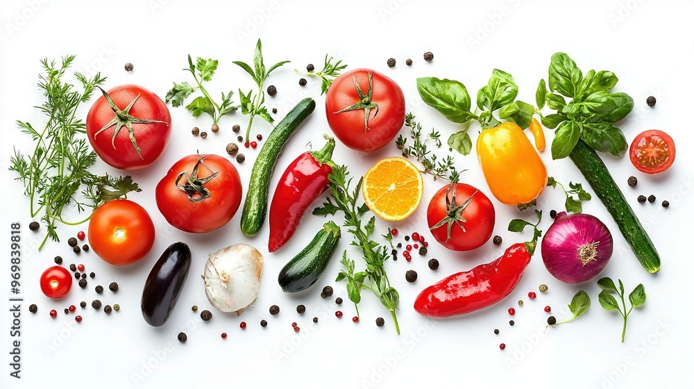 A diverse array of vegetables displayed on a pure background, featuring pepper, tomatoes, cucumbers, onions, lemons, and peppers A diverse array of vegetables displayed on a pure background, featuring pepper, tomatoes, cucumbers, onions, lemons, and peppers