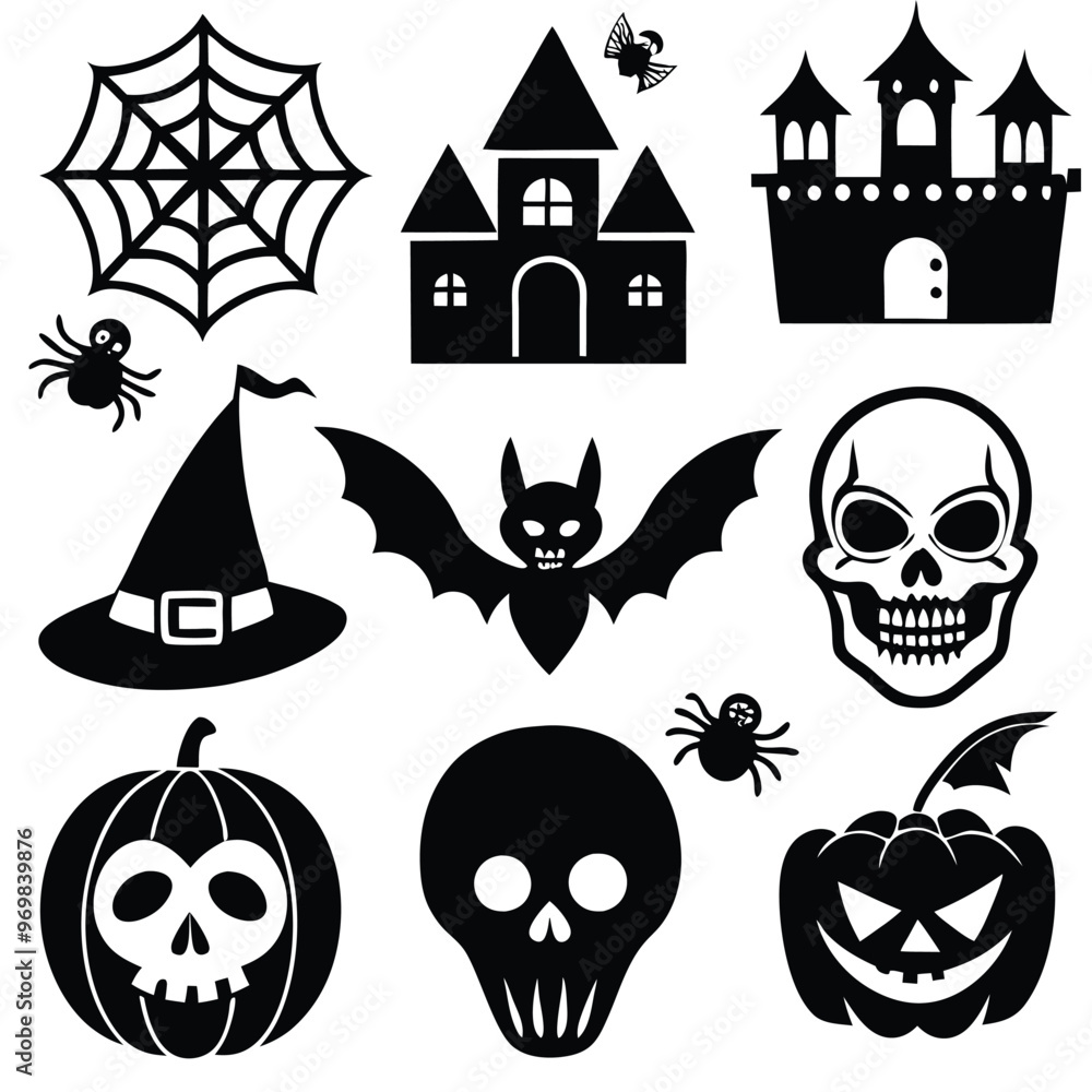 Obraz premium Gothic halloween sticker pack made up of pumpkins, bats, cats, crow, skull, ghosts, graves, spider, web and broom. Different holiday stickers as prints, patterns for graphic or fashion design