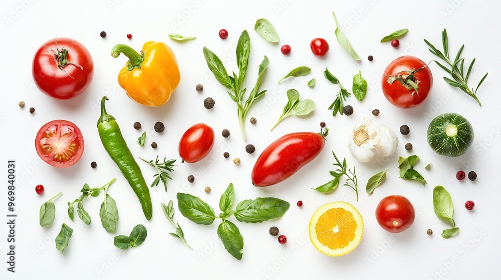 A colorful array of veggies on white, including bell peppers, tomatoes, lemons, pepperoni, and basil A colorful array of veggies on white, including bell peppers, tomatoes, lemons, pepperoni, and basil