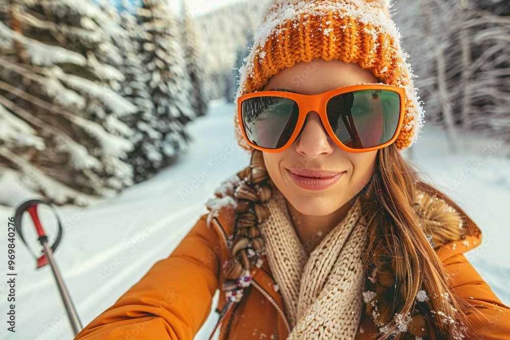 Portrait of a Woman Skiing Through a Snowy Forest: Winter, Snow, Adventure, Skiing, Nature, Portrait, Beauty, Outdoor, Forest, Exploration, Cold, Active, Lifestyle, Sport. Portrait of a Woman Skiing Through a Snowy Forest: Winter, Snow, Adventure, Skiing, Nature, Portrait, Beauty, Outdoor, Forest, Exploration, Cold, Active, Lifestyle, Sport.