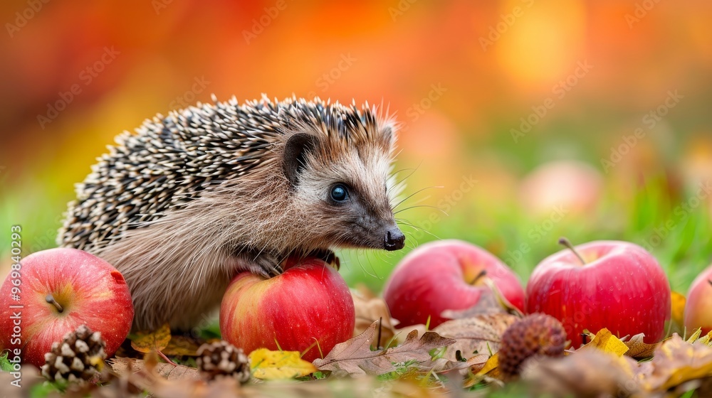 European hedgehog in lush meadow surrounded by fallen apples, emphasizing wildlife gardening European hedgehog in lush meadow surrounded by fallen apples, emphasizing wildlife gardening
