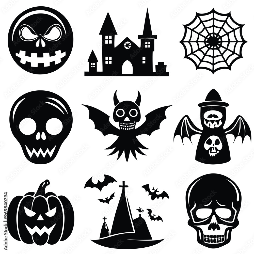 Obraz premium Gothic halloween sticker pack made up of pumpkins, bats, cats, crow, skull, ghosts, graves, spider, web and broom. Different holiday stickers as prints, patterns for graphic or fashion design