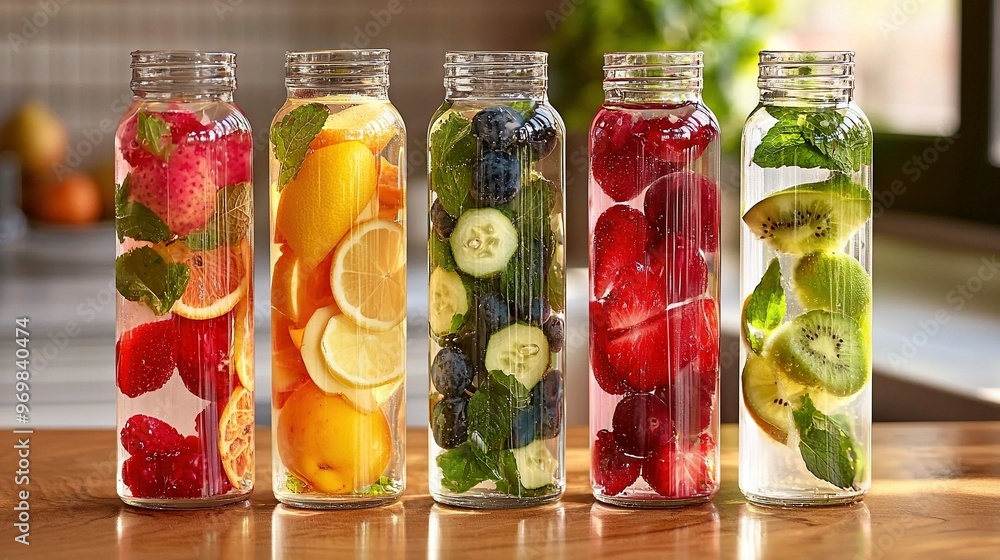A row of glass jars filled with various fruits and vegetables on a wooden table A row of glass jars filled with various fruits and vegetables on a wooden table