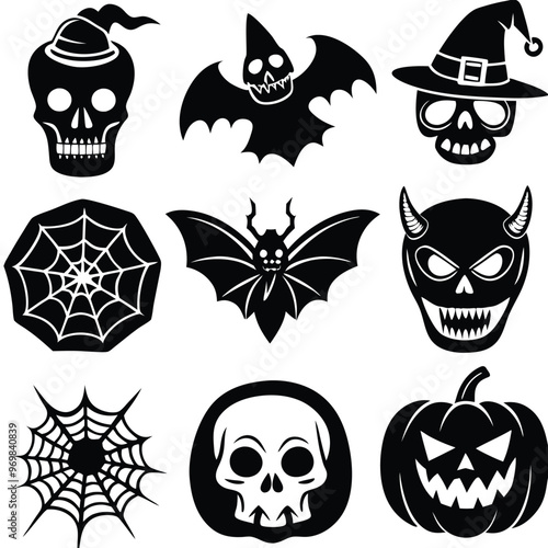 Gothic halloween sticker pack made up of pumpkins, bats, cats, crow, skull, ghosts, graves, spider, web and broom. Different holiday stickers as prints, patterns for graphic or fashion design