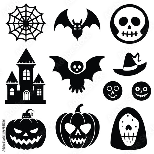 Gothic halloween sticker pack made up of pumpkins, bats, cats, crow, skull, ghosts, graves, spider, web and broom. Different holiday stickers as prints, patterns for graphic or fashion design