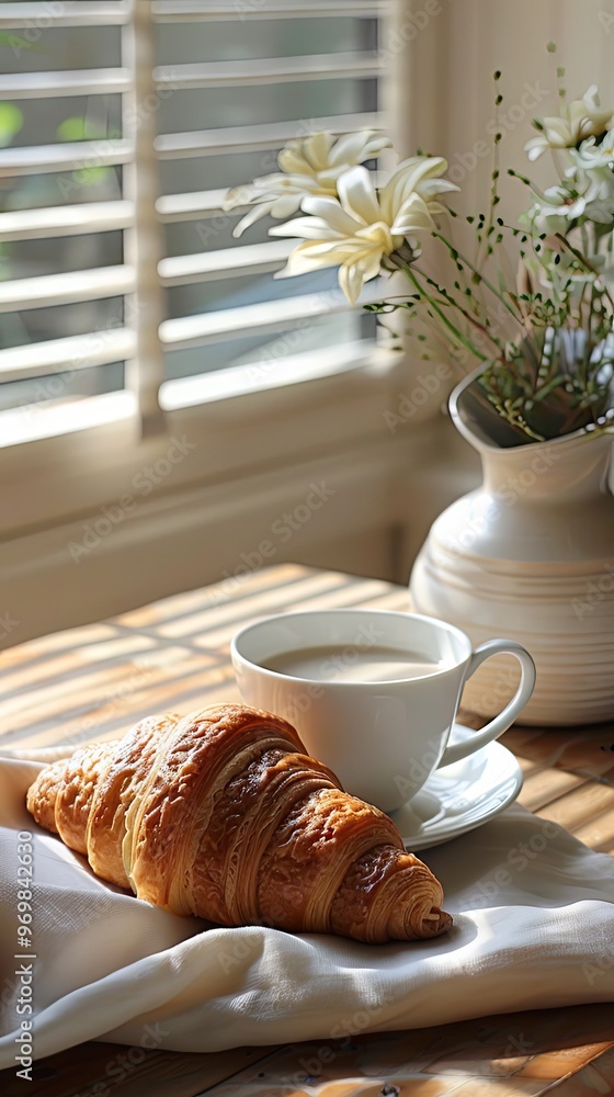 A croissant and a cup of milk photo A croissant and a cup of milk photo