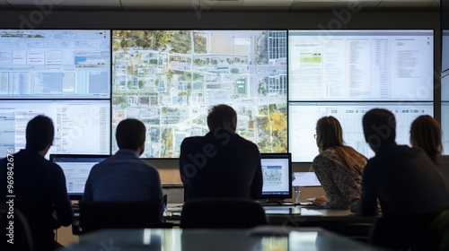 Four people sitting in front of computer screens with data and maps, looking at something out of frame.