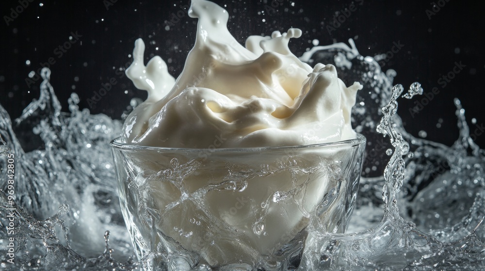 A splash of milk is poured into a glass, creating a white foam A splash of milk is poured into a glass, creating a white foam
