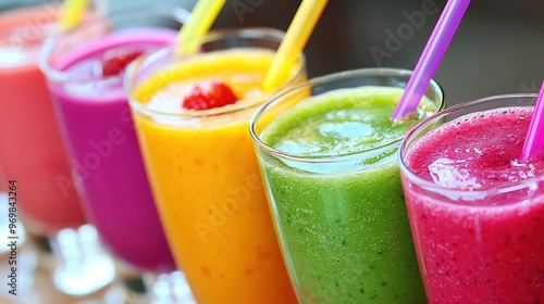  A row of colorful, smoothie drinks perched atop a wooden table, adorned with straws in every glass